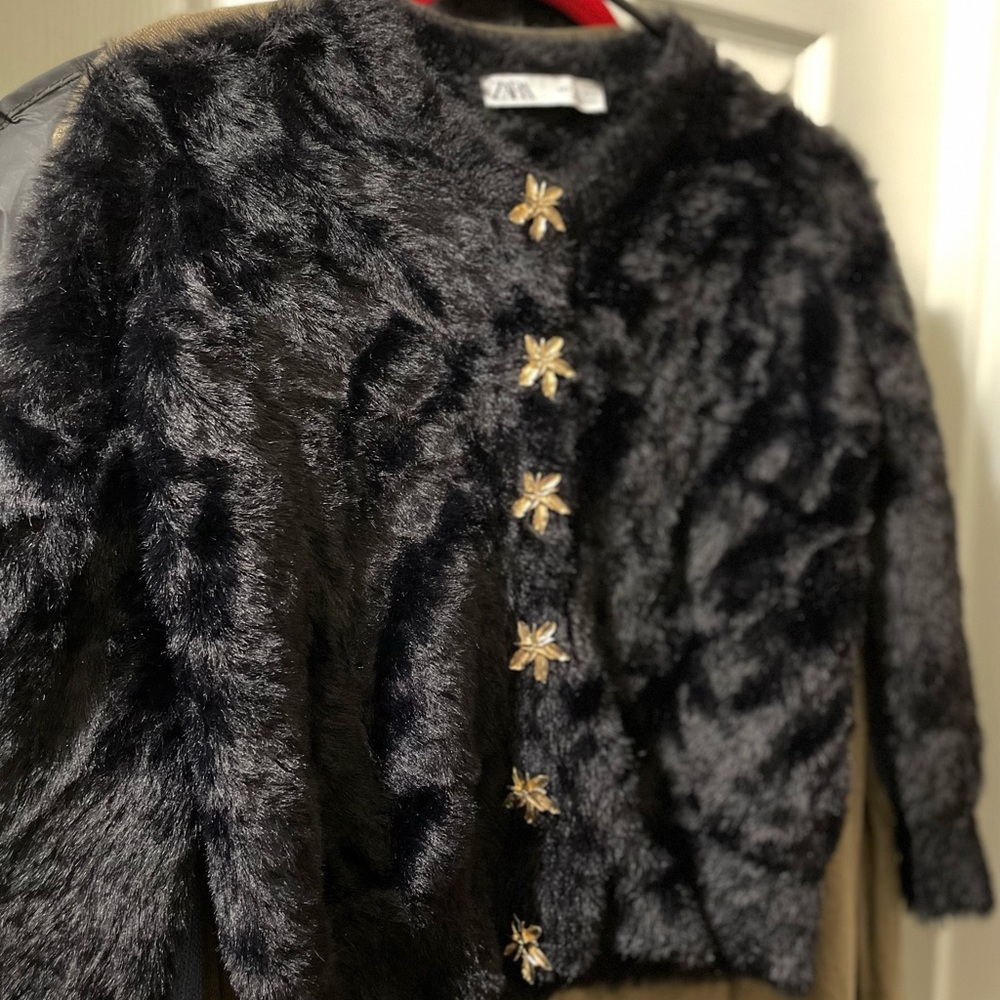 Zara Black Faux Fur Jacket with Gold Accents